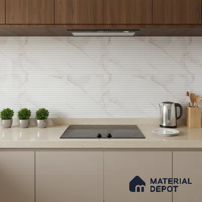 Modern kitchen with walnut wood laminate, beige quartz countertop, and ribbed marble-look backsplash tile