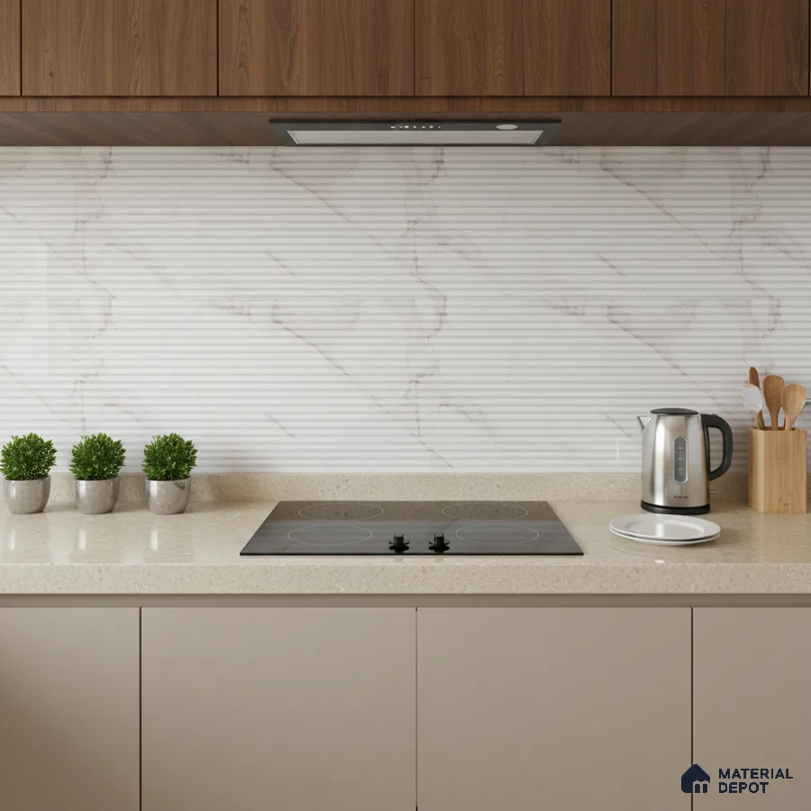 Modern kitchen with walnut wood laminate, beige quartz countertop, and ribbed marble-look backsplash tile