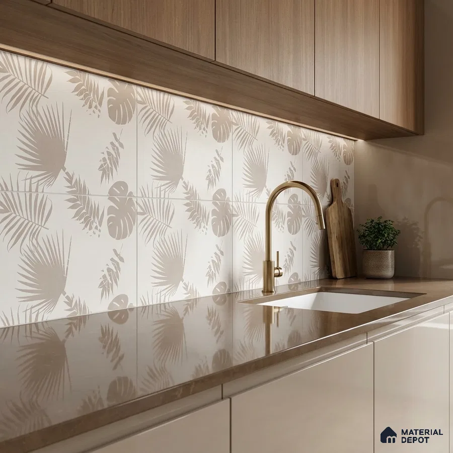 Modern kitchen with beige tropical patterned backsplash tile, taupe quartz countertop, and light wood laminate cabinets