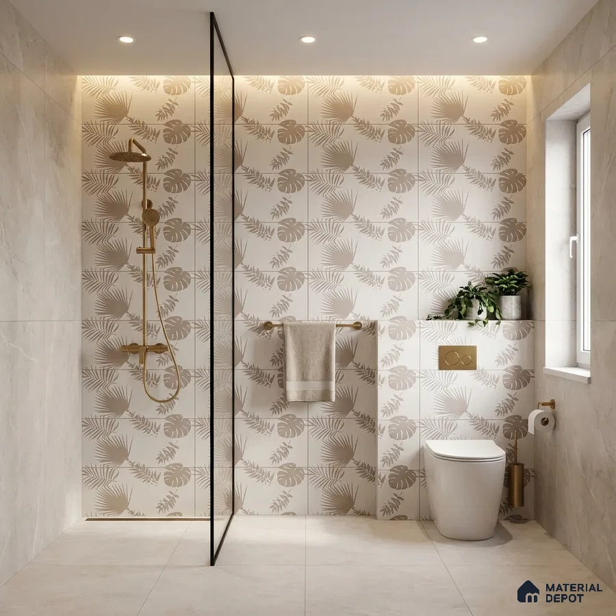 Modern bathroom with beige tropical patterned wall tiles and matte marble-look floor tiles