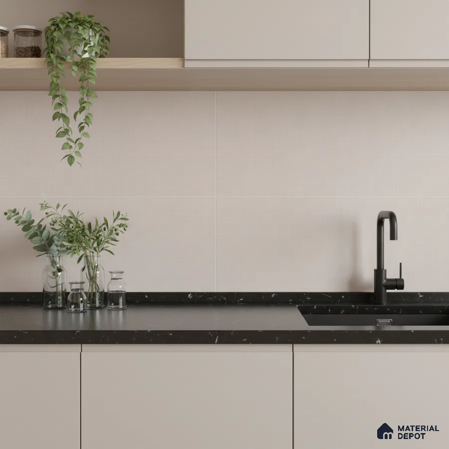 Minimalist kitchen with matte beige laminate cabinets, black marble countertop, and light beige wall tiles