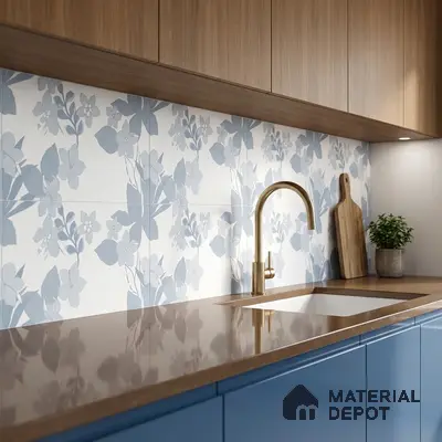 Modern kitchen with blue floral backsplash tile, brown quartz countertop, and wood grain laminate cabinets