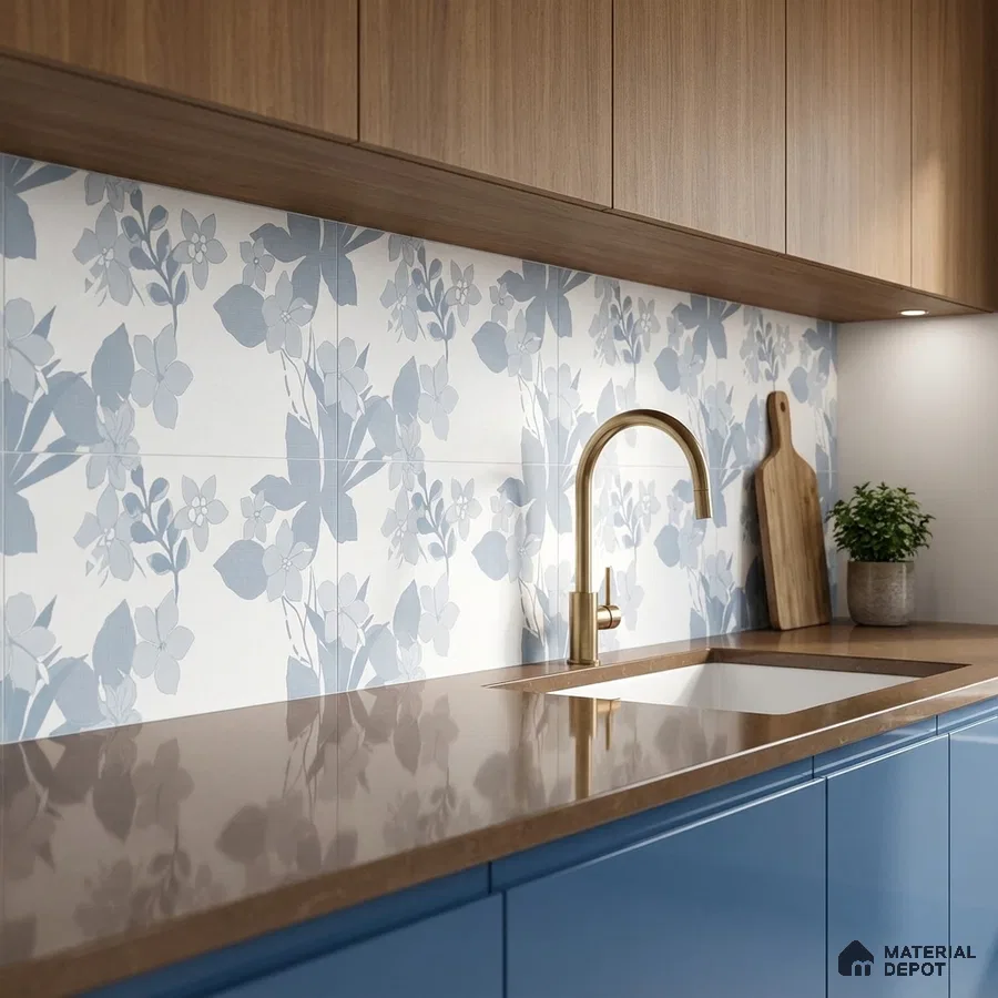 Modern kitchen with blue floral backsplash tile, brown quartz countertop, and wood grain laminate cabinets