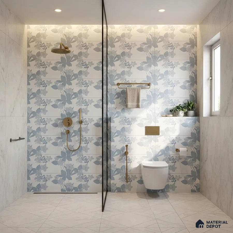 Modern bathroom with blue floral wall tiles and white marble-look floor tiles
