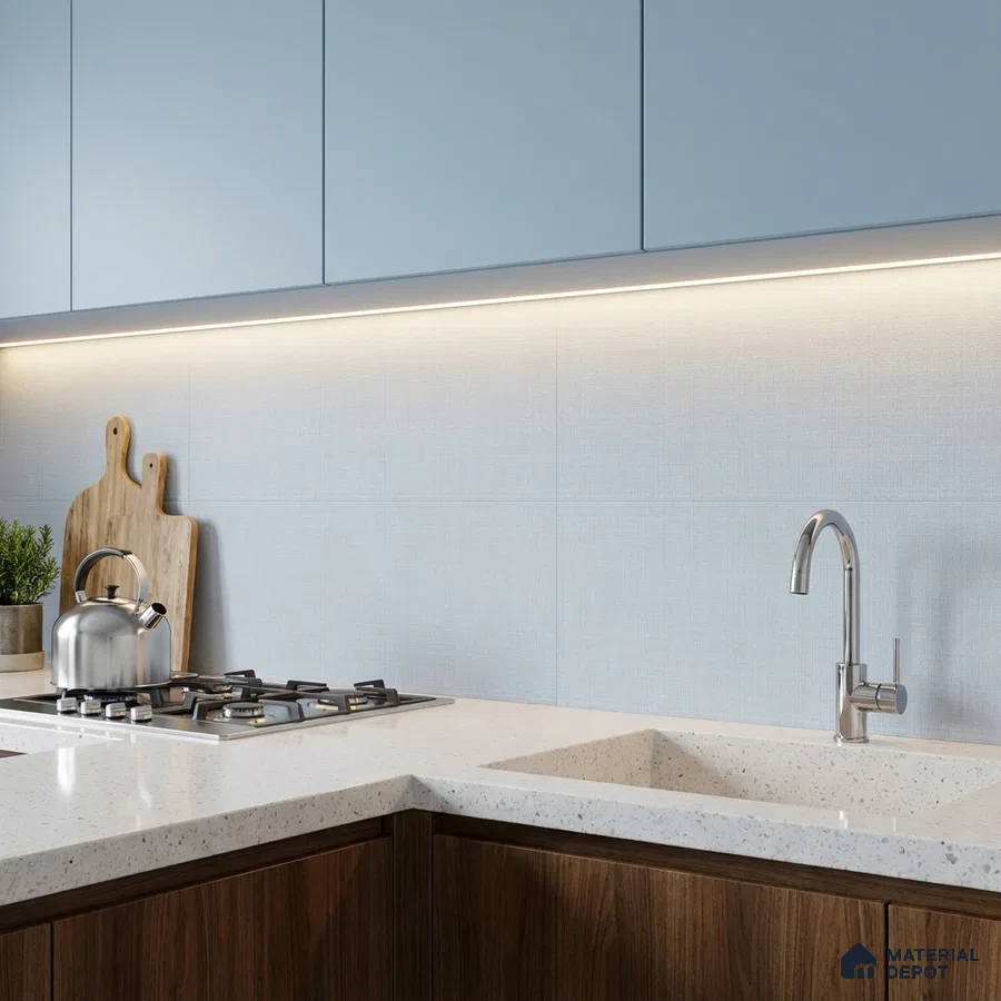 Modern kitchen with pastel blue laminate, walnut wood laminate, and white quartz countertop