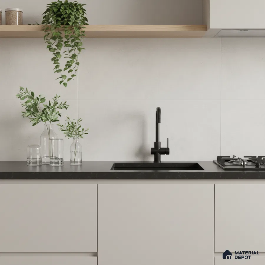 Minimalist kitchen with matte beige laminate cabinets, black quartz countertop, and light grey wall tiles