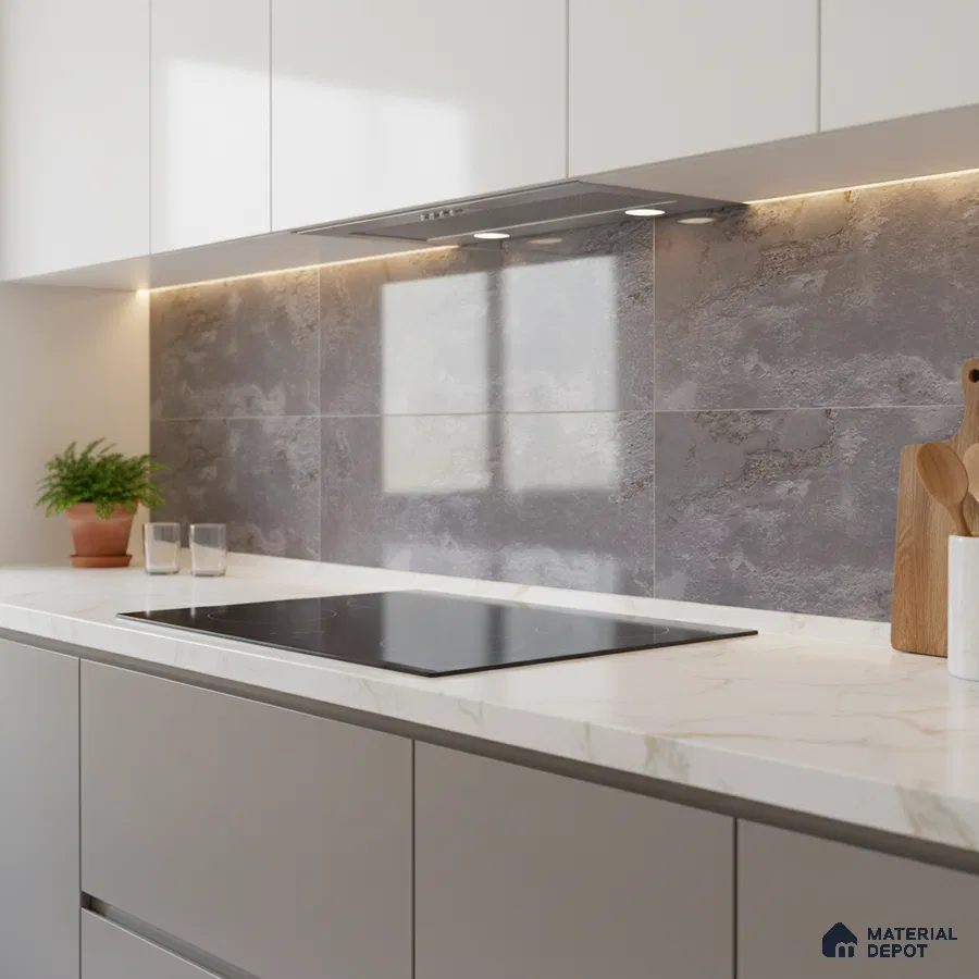 Modern kitchen with grey stone-look backsplash tile and white marble countertop