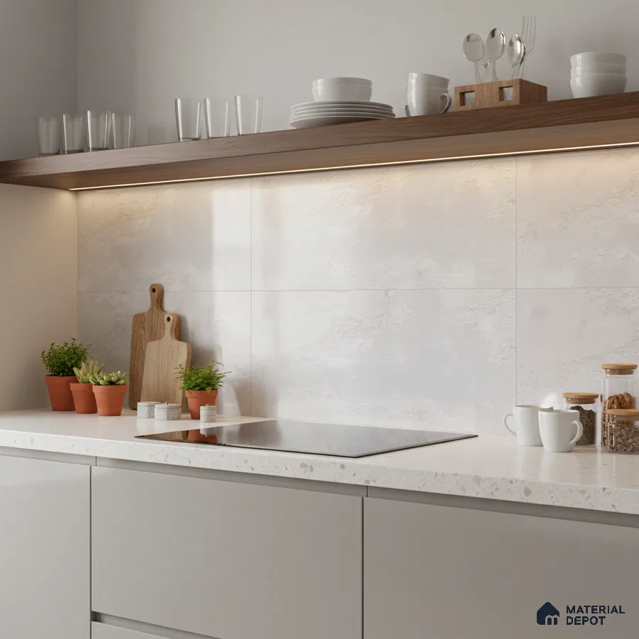 Minimalist kitchen with matte beige laminate, white terrazzo countertop, and stone-look backsplash tile