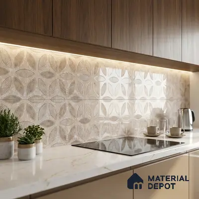 Modern kitchen with walnut wood laminate cabinets, marble-look quartz countertop, and beige geometric patterned backsplash tile