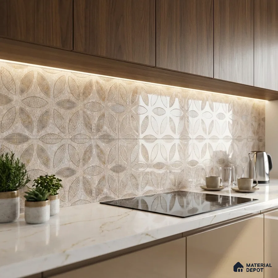 Modern kitchen with walnut wood laminate cabinets, marble-look quartz countertop, and beige geometric patterned backsplash tile