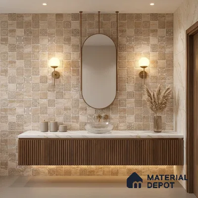 Modern bathroom with beige patterned wall tiles, fluted wood vanity, and quartz countertop