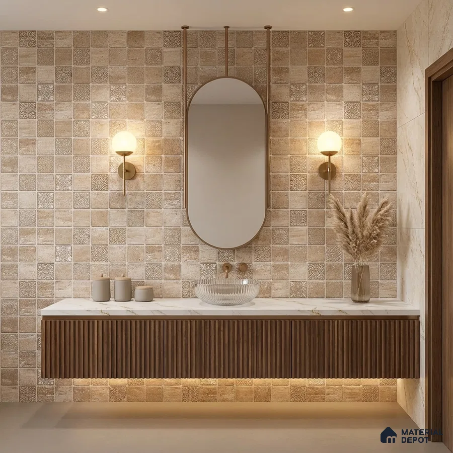 Modern bathroom with beige patterned wall tiles, fluted wood vanity, and quartz countertop