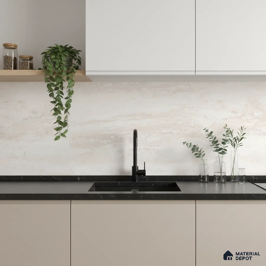 Minimalist kitchen with beige matte laminate, black marble countertop, and travertine-look backsplash tile