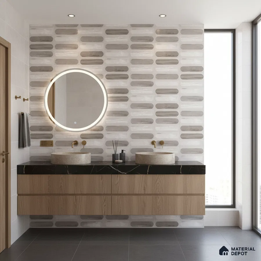 Minimalist bathroom with grey geometric wall tiles, black quartz countertop, and light wood floating vanity