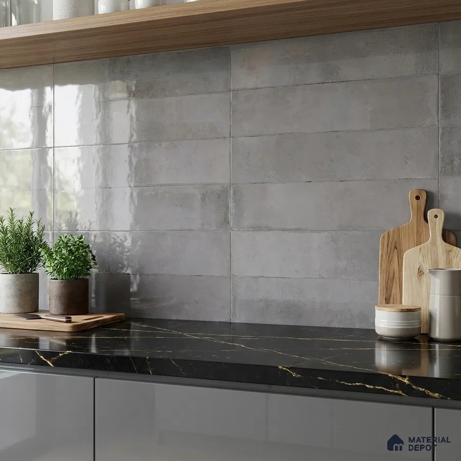 Modern kitchen with grey gloss subway wall tiles, black marble countertop, and taupe laminate cabinets