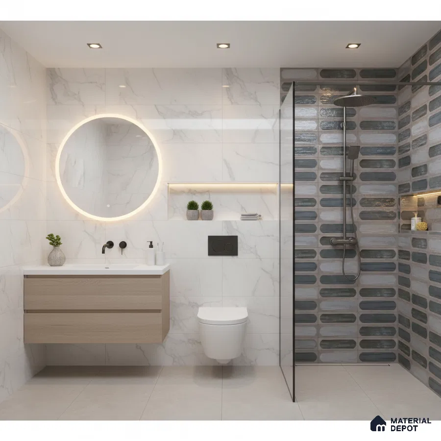 Modern bathroom with marble-look wall tiles, blue-grey elongated kitkat shower tiles, and floating wood vanity