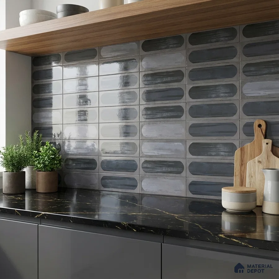 Modern kitchen with glossy grey geometric backsplash tile and black marble countertop