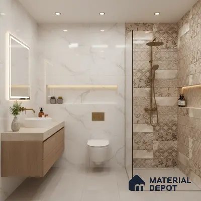 Modern bathroom with marble wall tiles, beige patterned highlighter shower tiles, and floating wood vanity