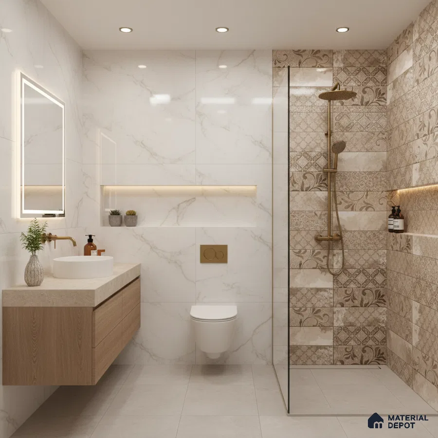 Modern bathroom with marble wall tiles, beige patterned highlighter shower tiles, and floating wood vanity
