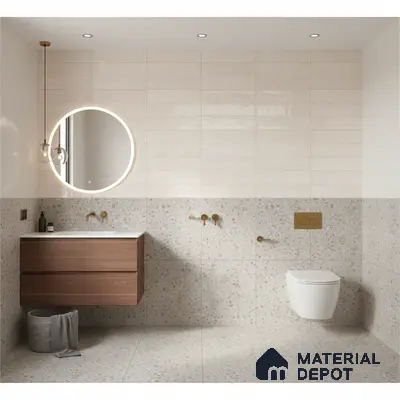 Minimalist bathroom with terrazzo wall and floor tiles and floating wood vanity