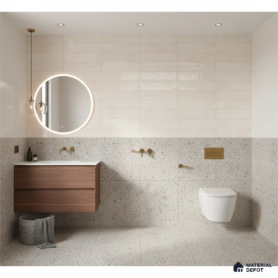 Minimalist bathroom with terrazzo wall and floor tiles and floating wood vanity