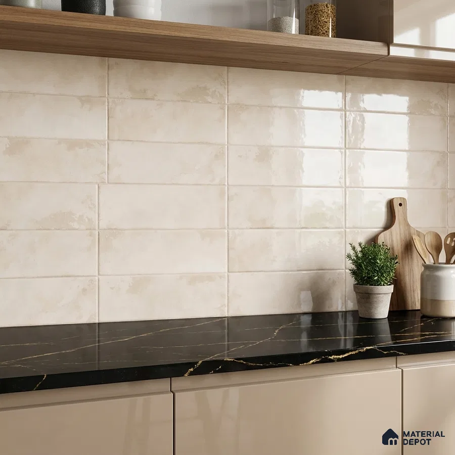 Modern kitchen with beige subway wall tiles, black marble countertop, and taupe laminate cabinets