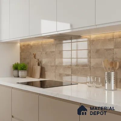 Modern kitchen with beige subway backsplash tile and white marble-look quartz countertop