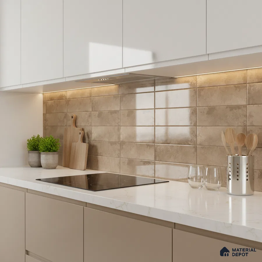 Modern kitchen with beige subway backsplash tile and white marble-look quartz countertop