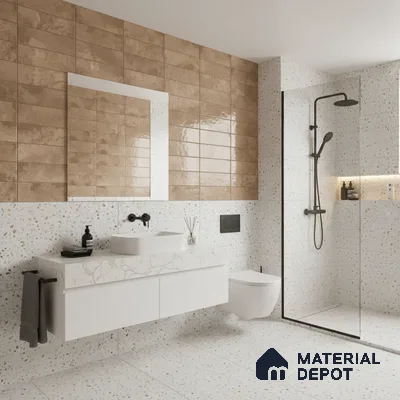 Modern bathroom with beige glossy wall tiles and terrazzo floor and wall tiles
