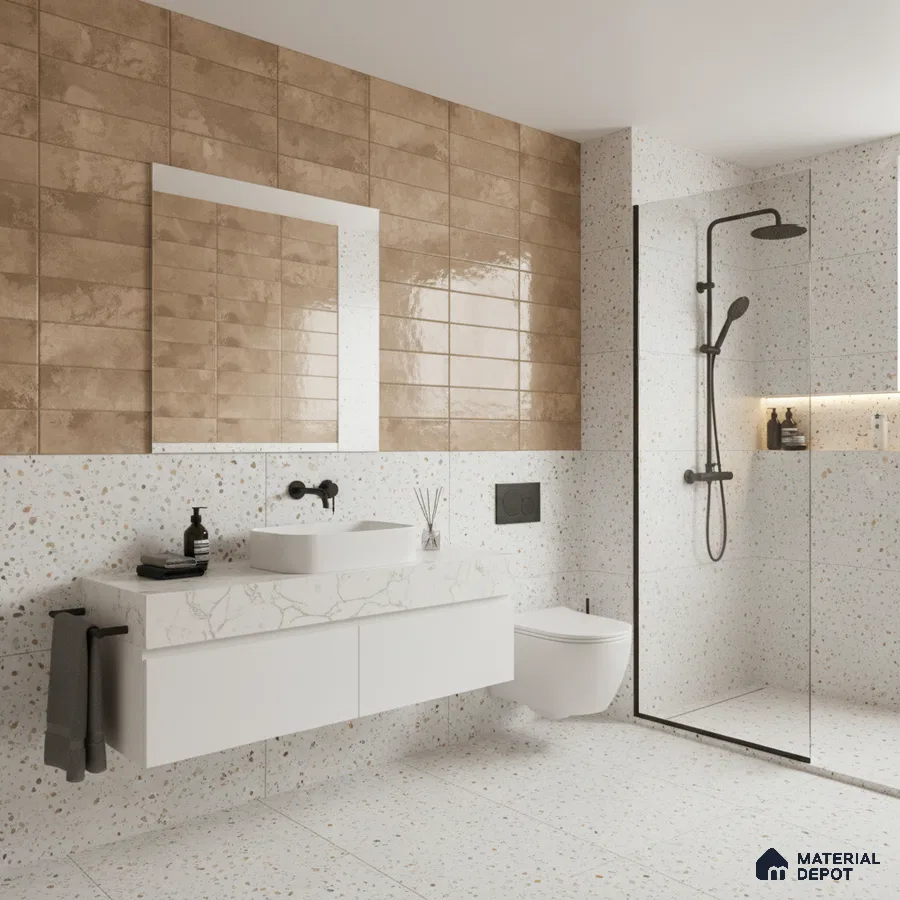 Modern bathroom with beige glossy wall tiles and terrazzo floor and wall tiles