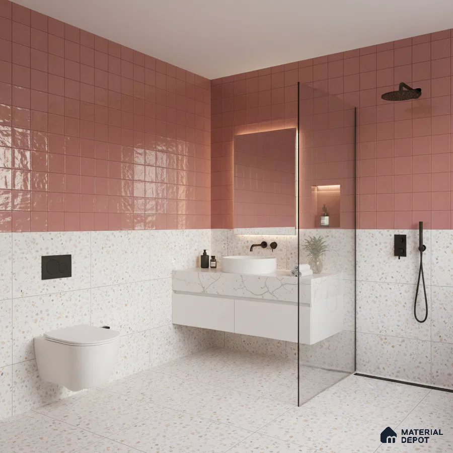 Modern bathroom with blush pink wall tiles and terrazzo floor and wall tiles