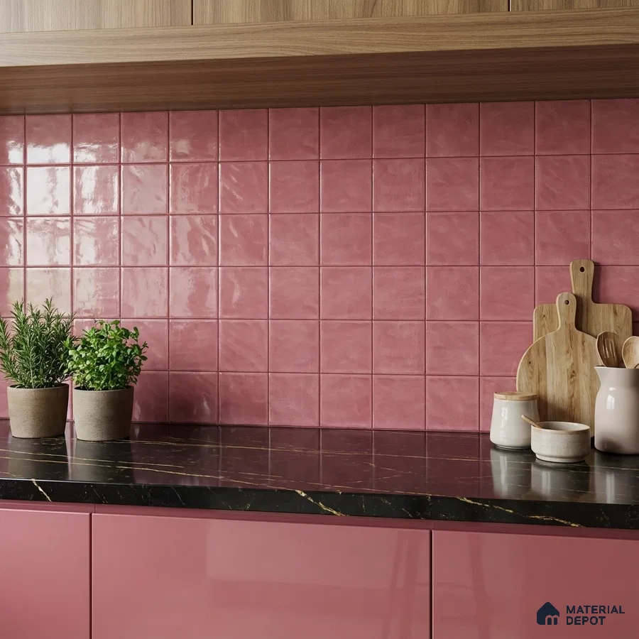 Modern kitchen with blush pink square wall tiles, pink laminate cabinets, and black marble countertop