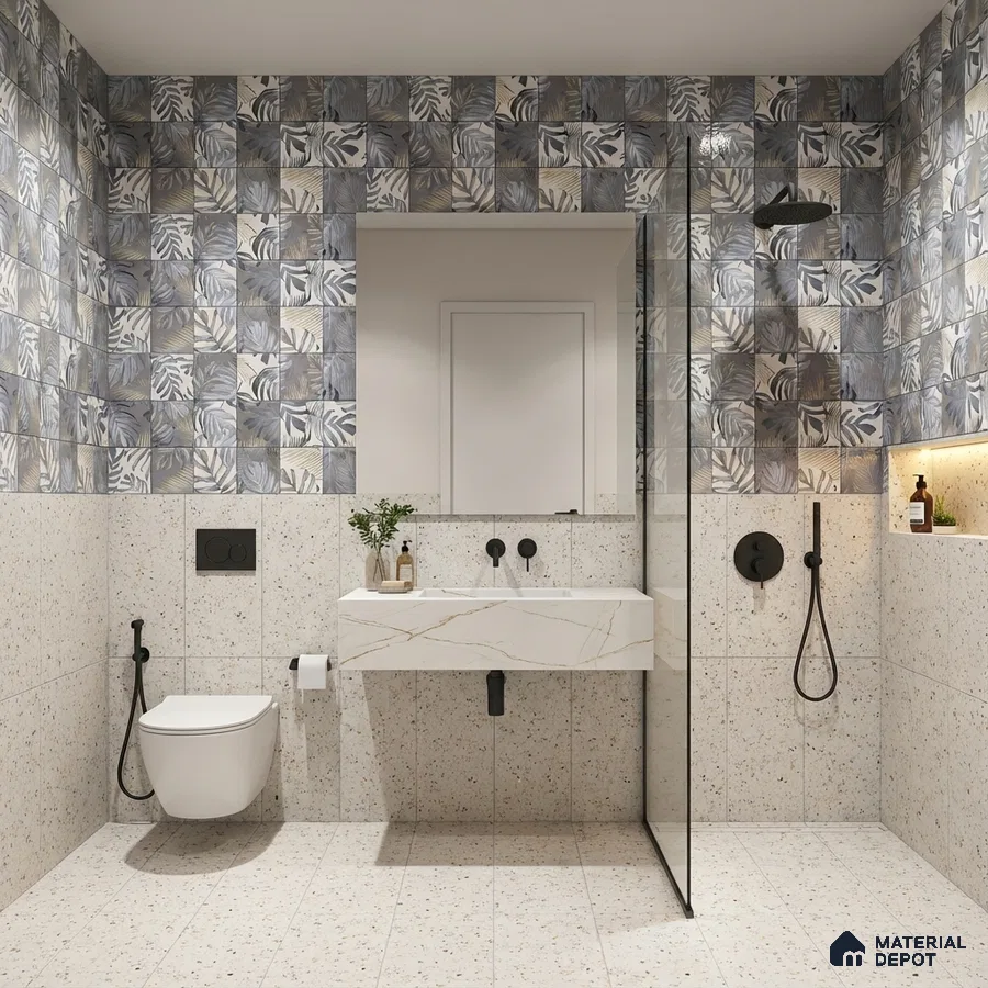 Modern bathroom with terrazzo floor tiles and blue tropical patterned wall tiles