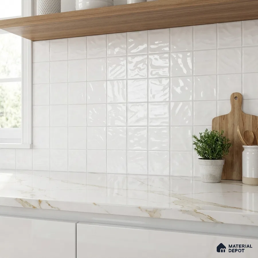 Modern kitchen with glossy white square wall tiles, marble-look quartz countertop, and wood open shelf