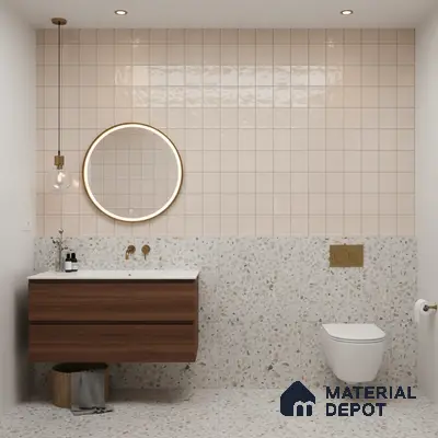 Minimalist bathroom with beige square wall tiles, terrazzo wall and floor tiles, and walnut floating vanity