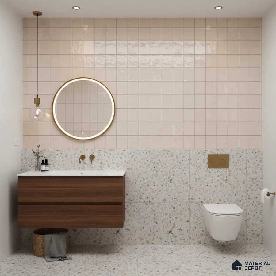 Minimalist bathroom with beige square wall tiles, terrazzo wall and floor tiles, and walnut floating vanity