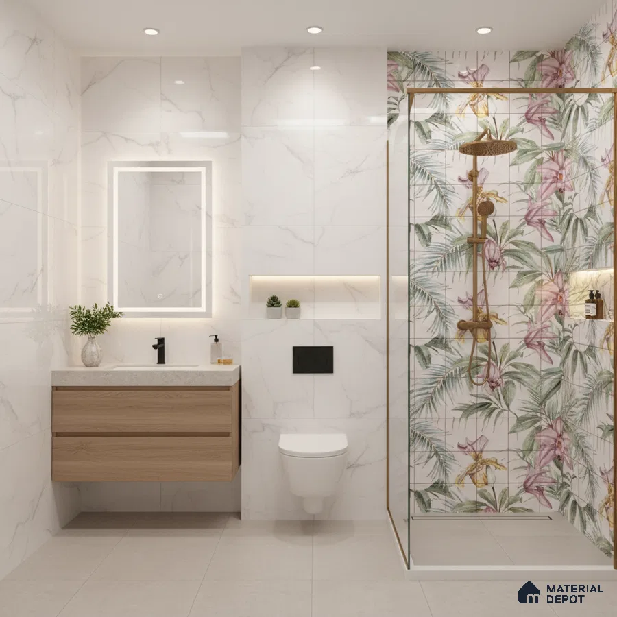 Modern bathroom with marble-look wall tiles, floral tropical highlighter shower tiles, and wood vanity