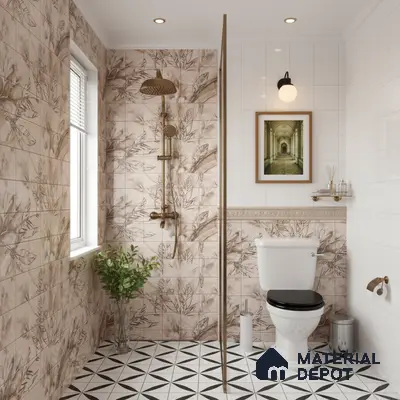 Modern kitchen with floral patterned backsplash tile, taupe laminate cabinets, and white quartz countertop