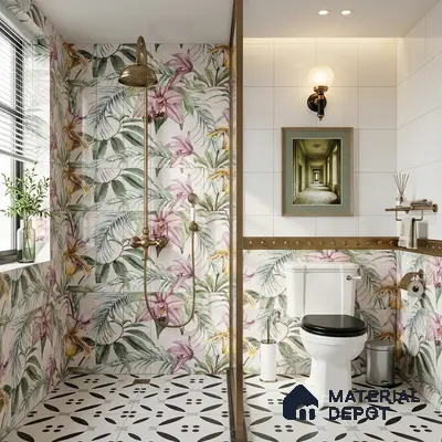 Modern bathroom with tropical floral highlighter wall tiles and black-and-white geometric floor tiles