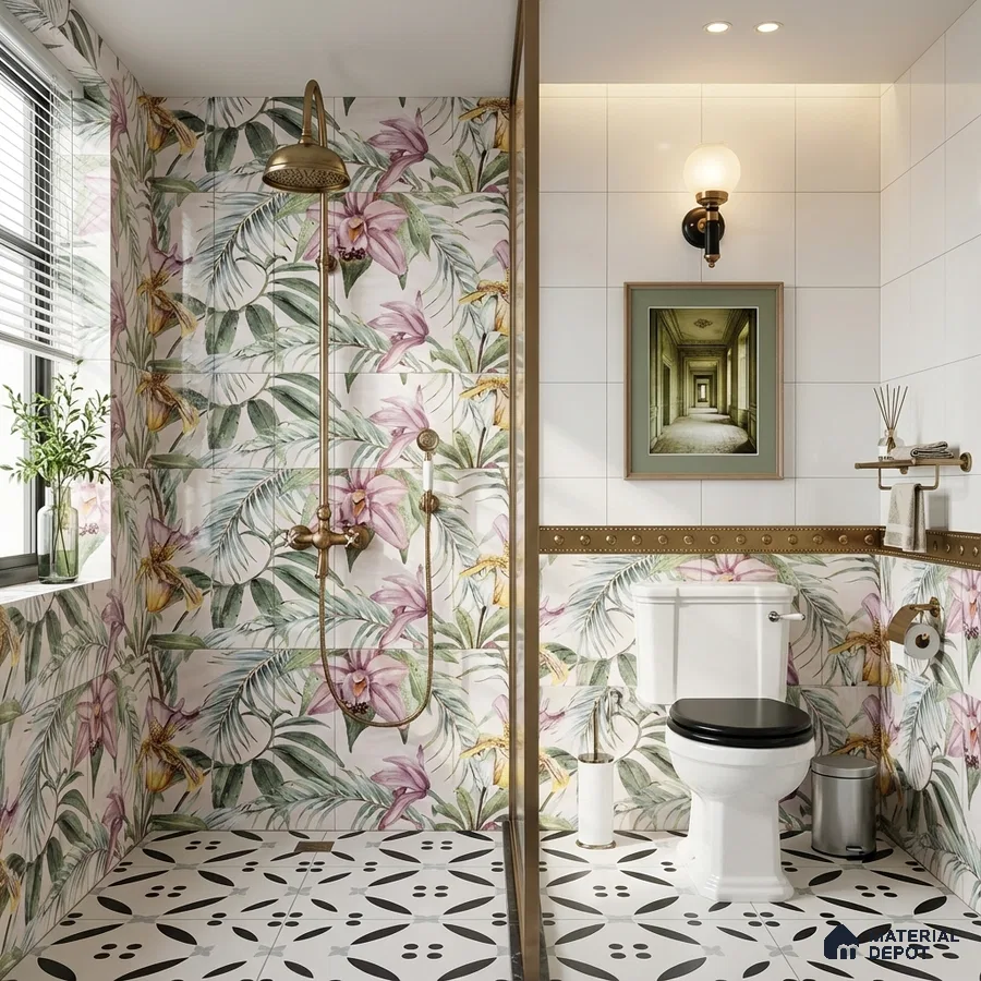 Modern bathroom with tropical floral highlighter wall tiles and black-and-white geometric floor tiles