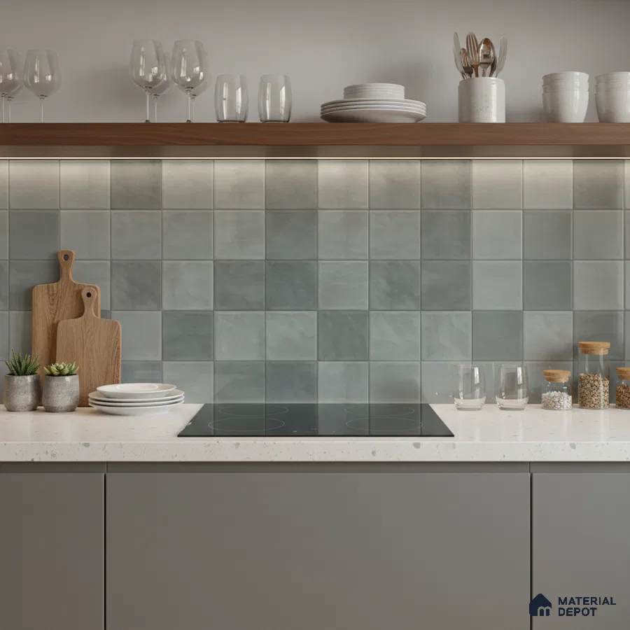 Modern kitchen with grey matte laminate cabinets, white quartz countertop, and blue-grey square backsplash tiles