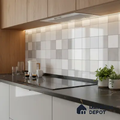 Scandinavian kitchen with light oak laminate cabinets, matte black countertop, and grey-white square backsplash tiles