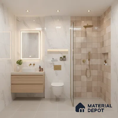 Minimalist bathroom with white marble wall tiles, beige square shower tiles, and light wood floating vanity