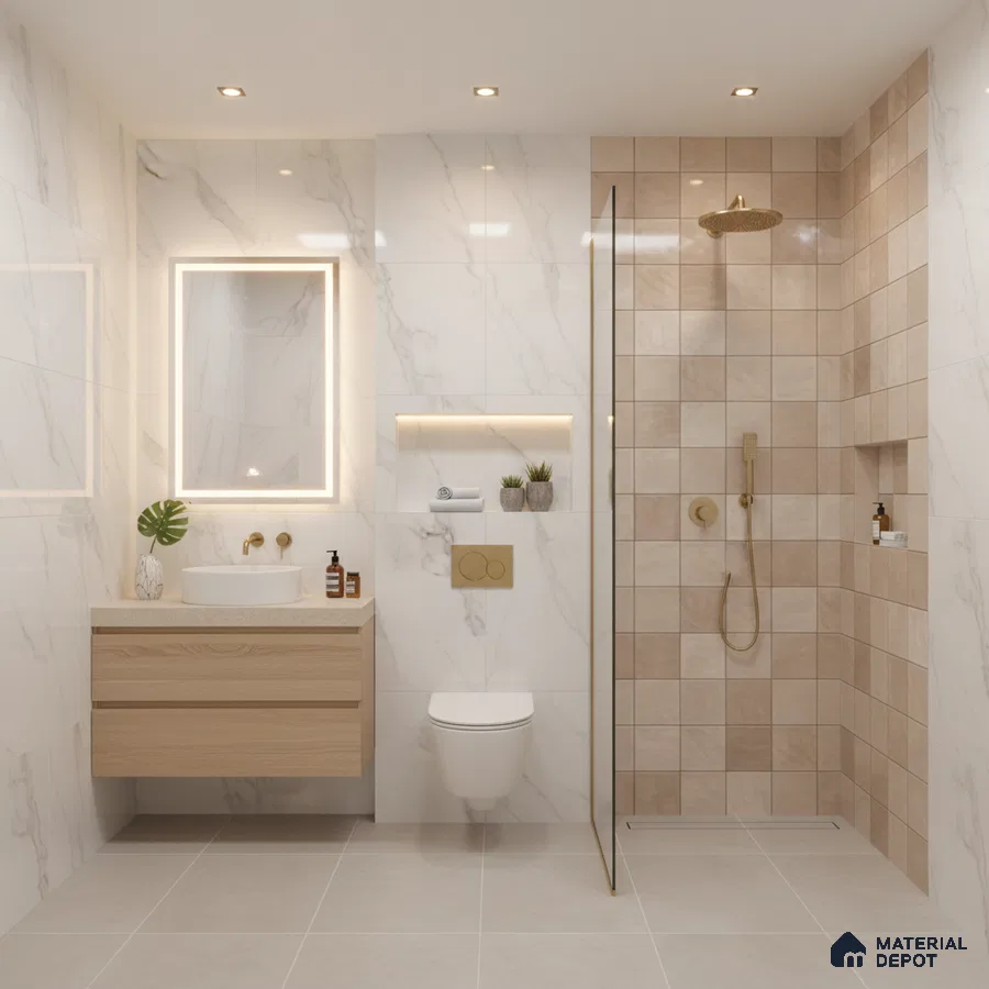 Minimalist bathroom with white marble wall tiles, beige square shower tiles, and light wood floating vanity
