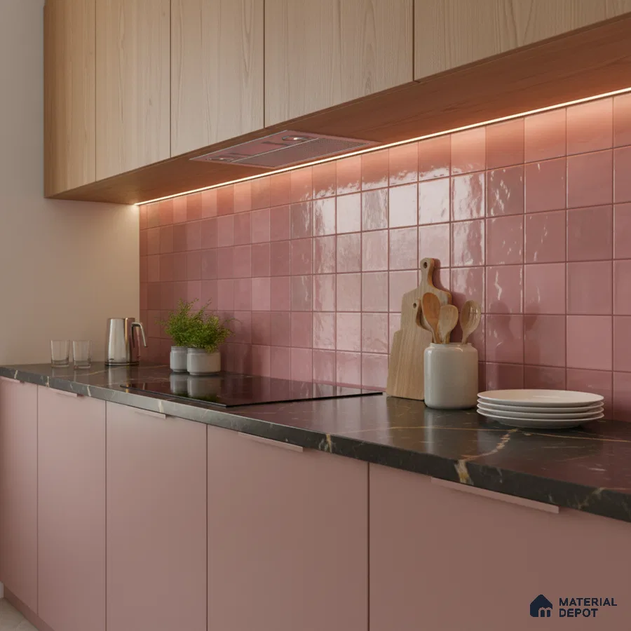 Modern kitchen with pastel pink laminate, wood grain upper cabinets, and glossy pink square backsplash tiles