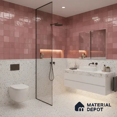 Modern bathroom with pink square wall tiles and terrazzo floor and wall tiles