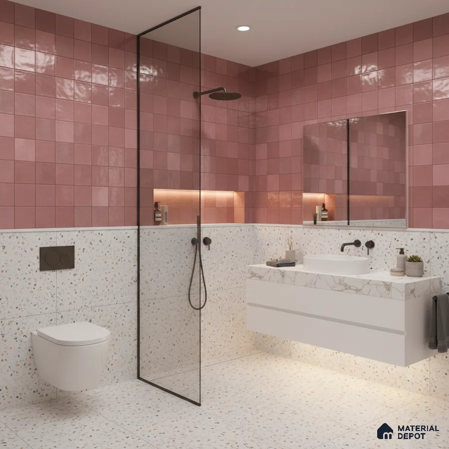 Modern bathroom with pink square wall tiles and terrazzo floor and wall tiles