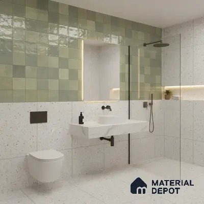 Modern kitchen with sage green square wall tiles, black marble countertop, and olive green laminate cabinets