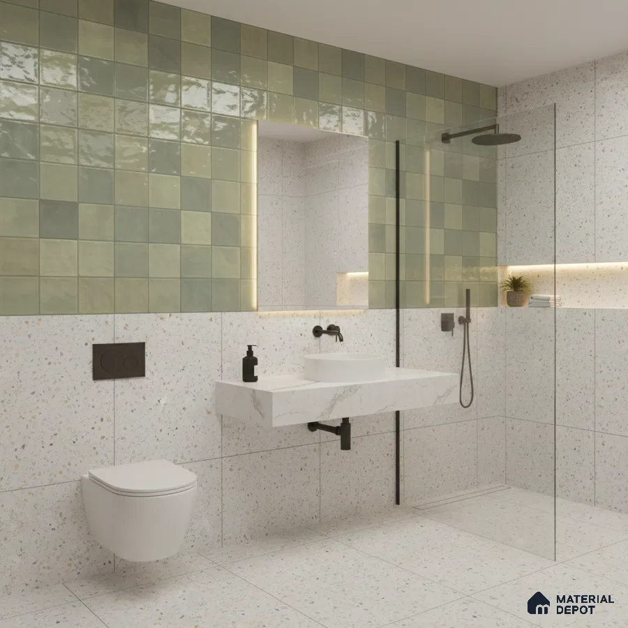 Modern kitchen with sage green square wall tiles, black marble countertop, and olive green laminate cabinets