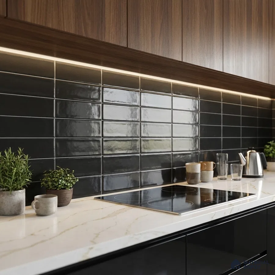 Modern kitchen with walnut laminate cabinets, glossy black subway backsplash tile, and white marble-look quartz countertop